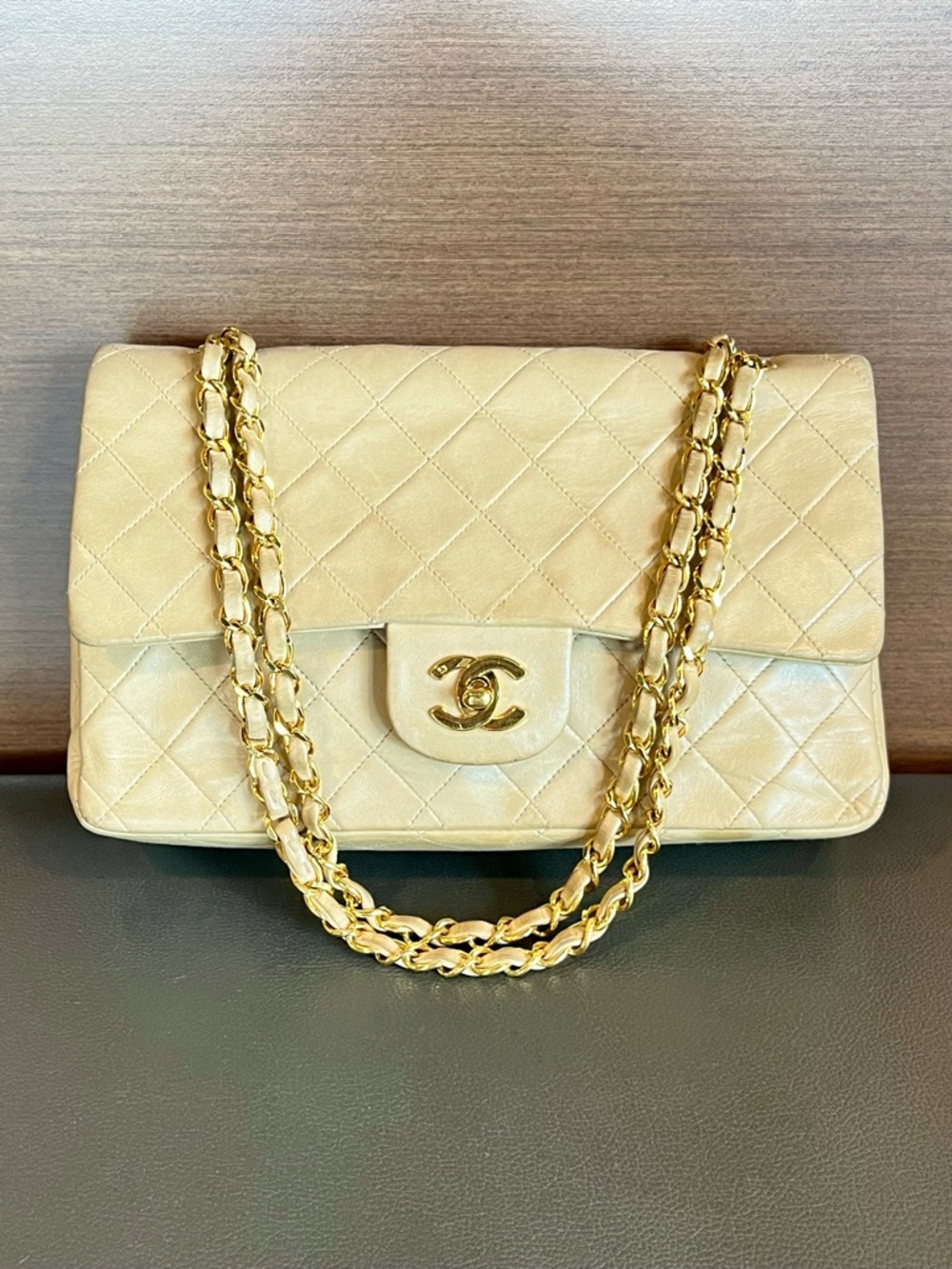 CHANEL 1991 Classic Timeless Double Flap Beige Quilted Lambskin 24k Gold Bag